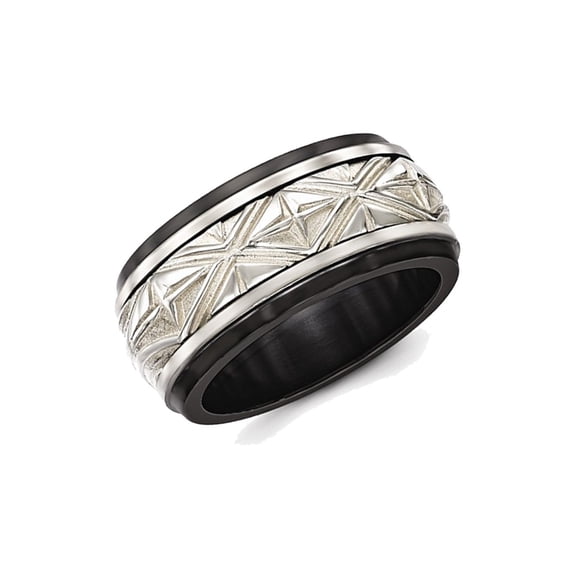 Gem & Harmony Mens Black Titanium and Sterling Silver Wedding Band Ring for Men