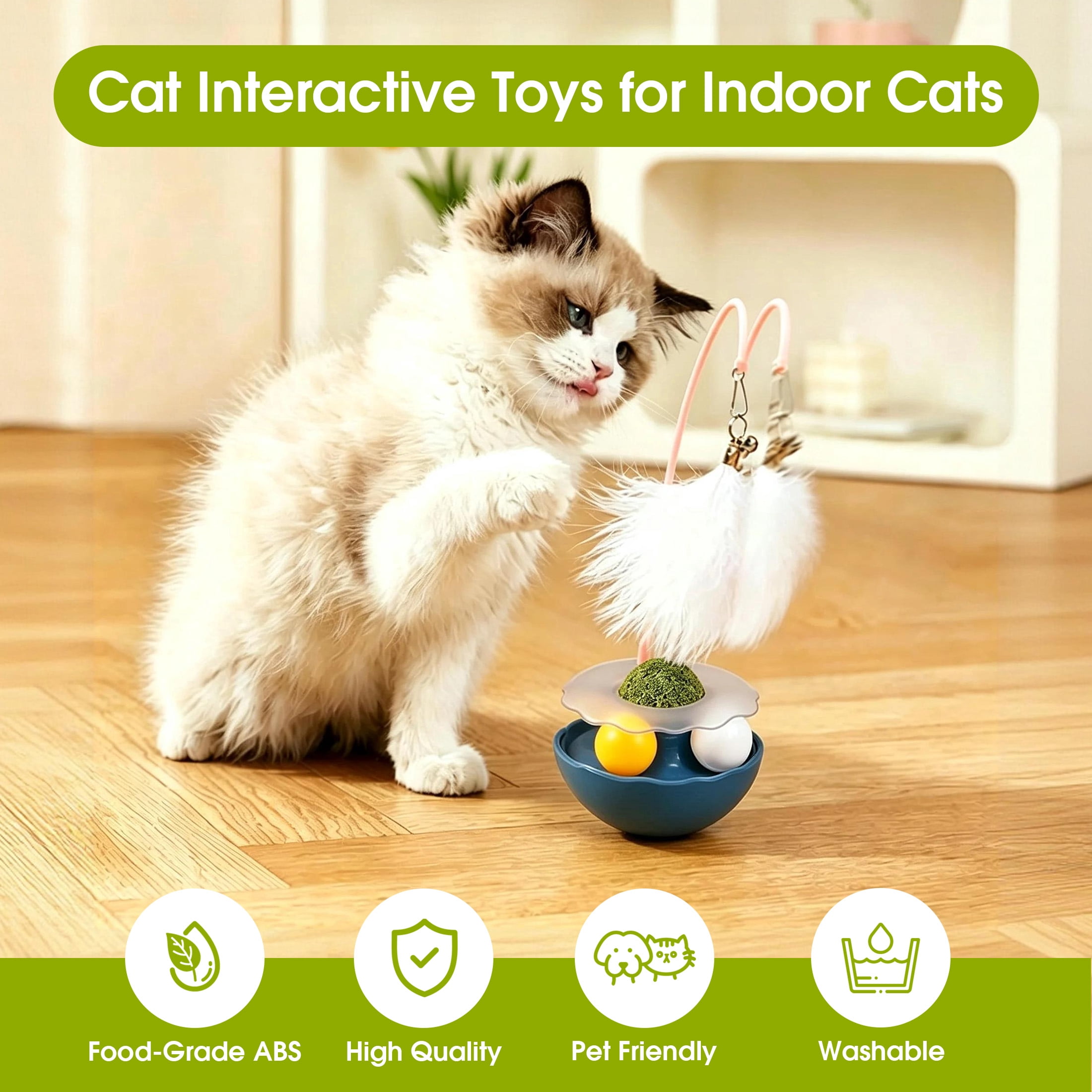 3 in 1 Interactive Cat Toy, Feather Wand Cat Teaser Toy with Bell, Cat Track Ball & Catnip Ball Combo, Self Play Wobble Kitten Toy for Indoor Cats