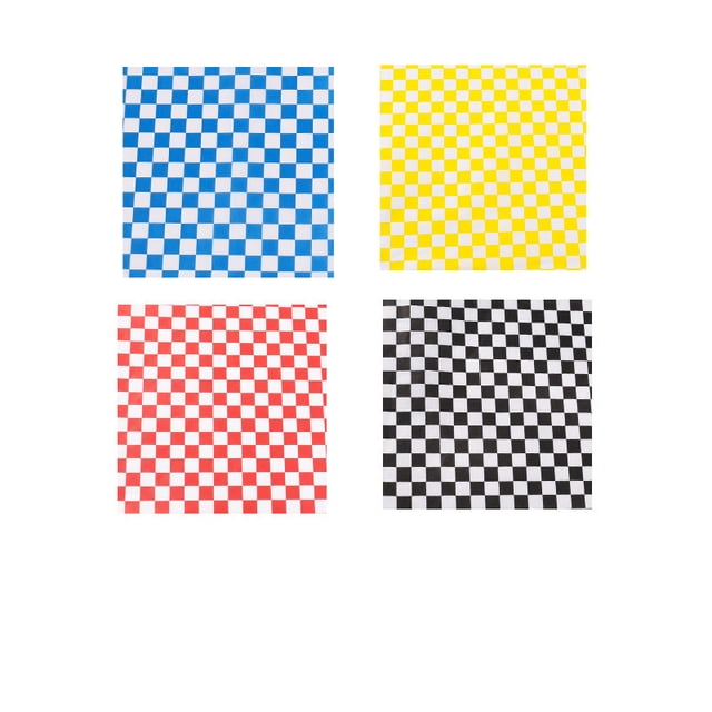 hojas de papel 80 piezas forros de cestas de alimentos para sándwiches, hamburguesas, hojas de papel encerado para envolver delicatessen a cuadros azul-amarillo-rojo-negro cuatro hojas cuadradas en vista aérea con patrón de tablero de ajedrez en azul, amarillo, rojo y negro sobre fondo blanco; papel encerado liso para forrar canastas y envolver alimentos, también ideal para separar porciones en bandejas.