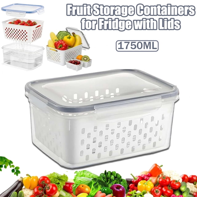 Sealed Storage Container Set of 3 Airtight Food Storage Containers with Colander Baskets 1750ml Plastic Produce Keepers for Vegetables Fruit Berry Lettuce(Gray,1Pc) by JASKFLY