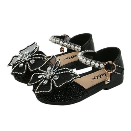 

DNDKILG Kids Girl Boy Party School Wedding Dress Sandals First Walkers Shoes Toddler Baby Summer Pearl Crystal Butterfly Flats Black 12M-11Y 30