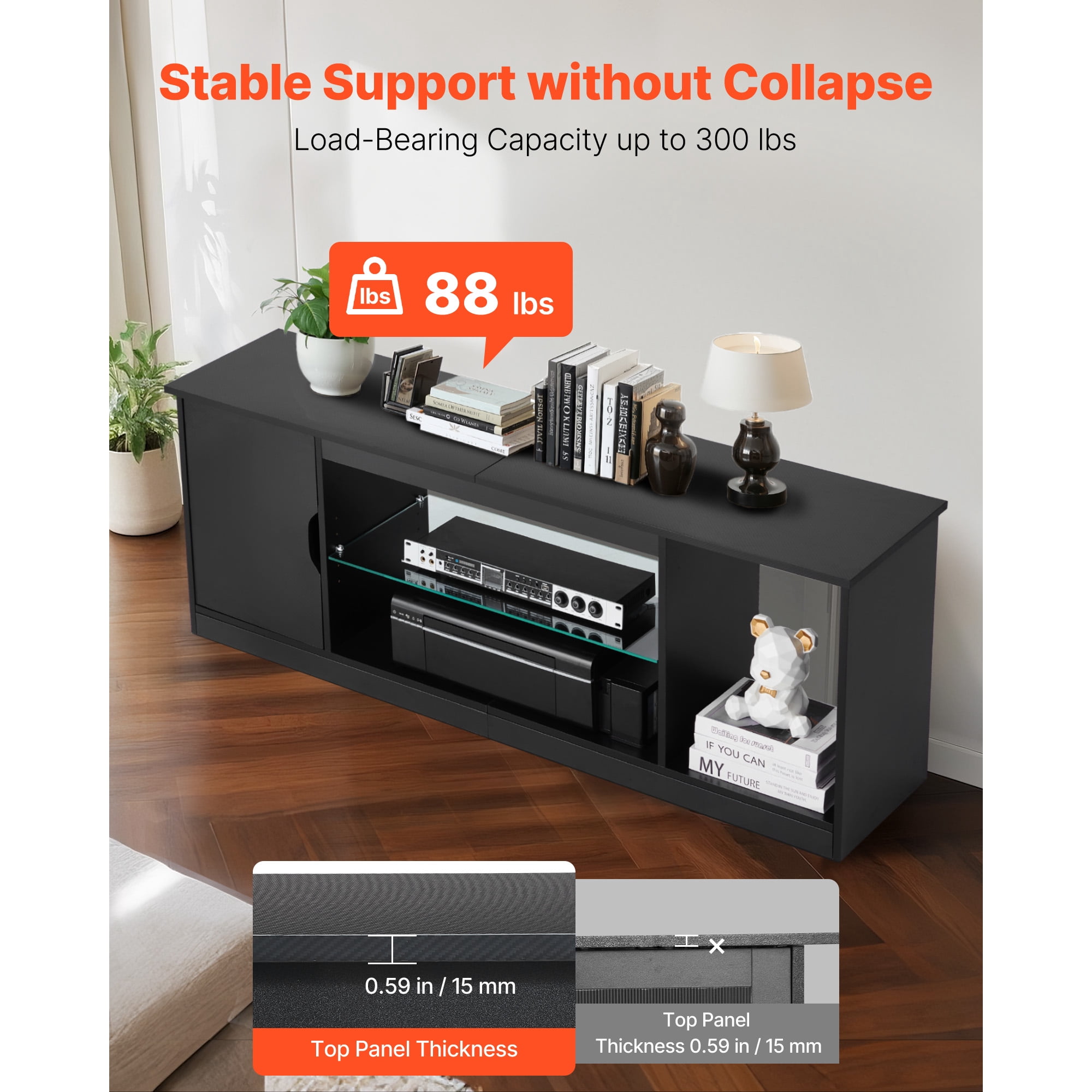 KFFKFF TV Stand for TVs up to 65 inches, Entertainment Center with LED Light Strip & 5 Level Adjustable Glass Shelves, Console Table for Living Room or Bedroom