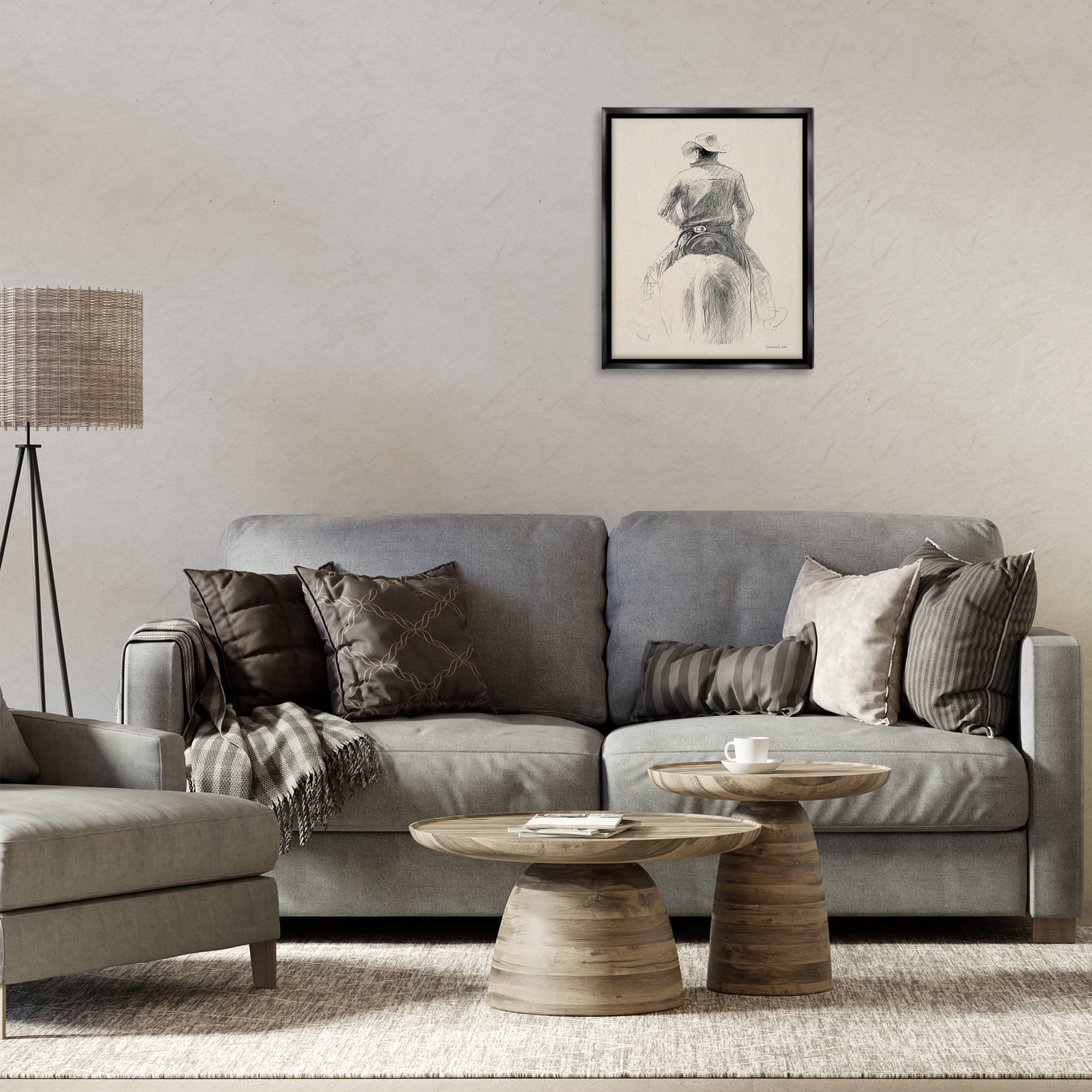Stupell Industries Traditional Drawing of Cowboy People Drawing Black Floater Framed Canvas Art Print Wall Art, 17 x 21