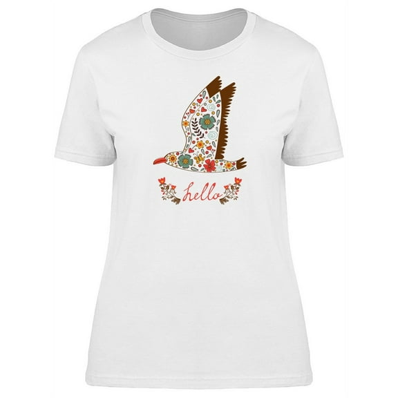 Hello, Cute Floral Seagull Bird T-Shirt Women -Image by Shutterstock, Female Medium