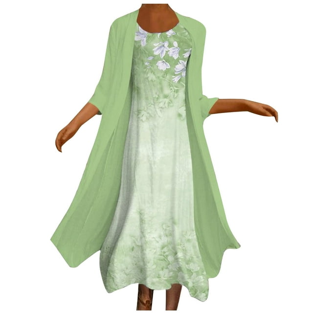 Ensemble Deux Pièces pour Femmes Été Robe Imprimée Manches 3/4 Col Rond Ample Ensemble Jupe Robe d'Été Ample pour Femmes Robe d'Été avec Manches pour Femmes