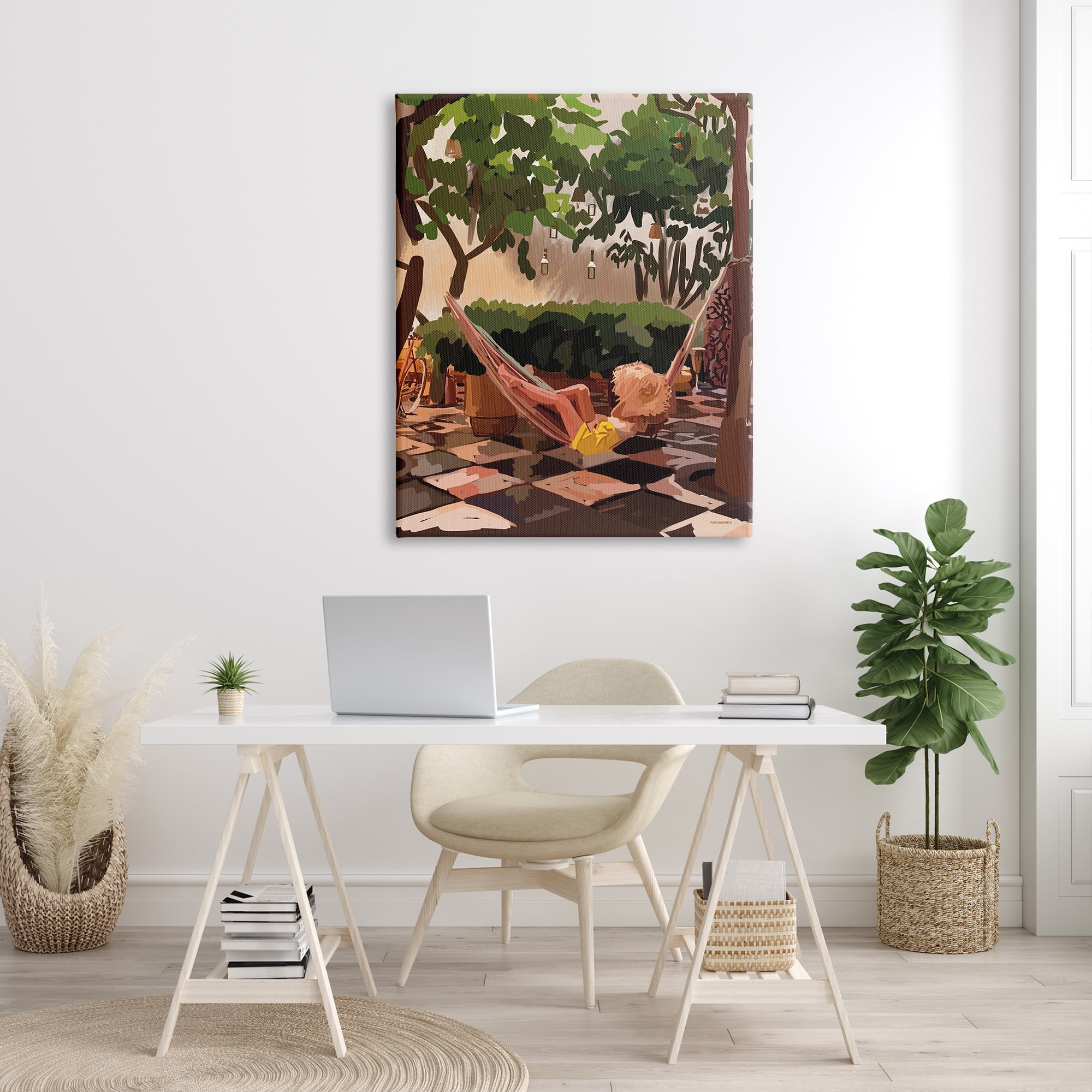 Stupell Industries Woman Lounging Hammock Tropical Summer Vacation Scenery Graphic Art Gallery Wrapped Canvas Print Wall Art, Design by Amelia Noyes