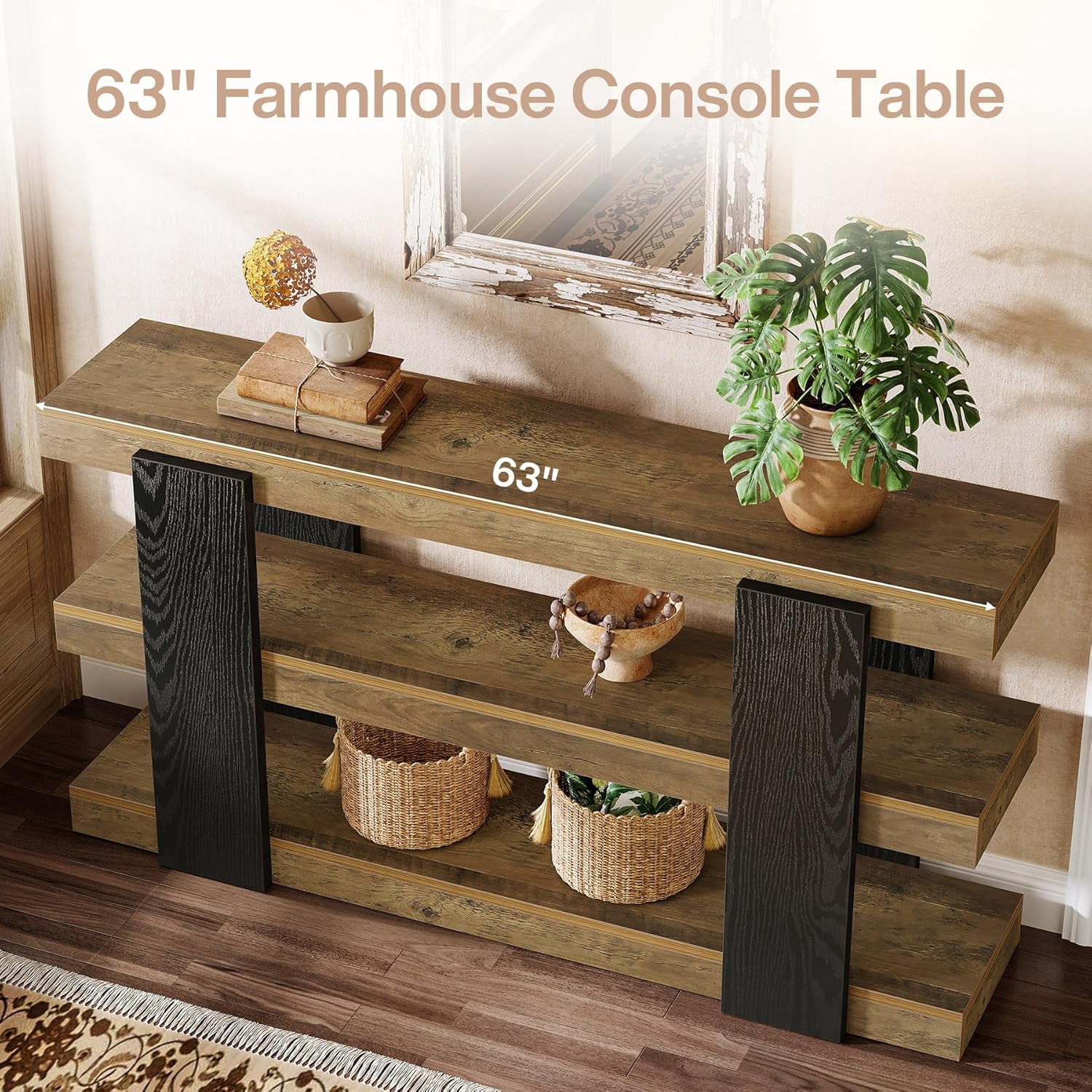 Finmind 63-Inch Farmhouse Console Table, 3-Tier Entryway Table with Storage, Rustic Brown & Black Wood Sofa Table for Living Room, Hallway, Entryway