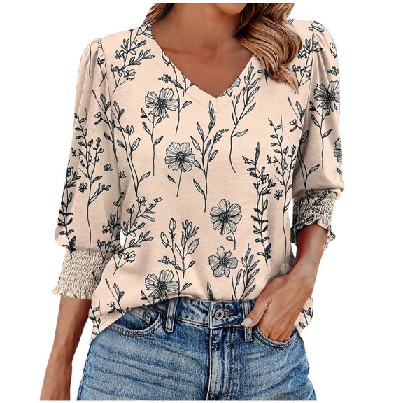 Jsaierl Tops for Women 3/4 Sleeve Summer V Neck Shirts Cute Print Petite Blouses Work Loose Fit T-shirts Top S-2XL