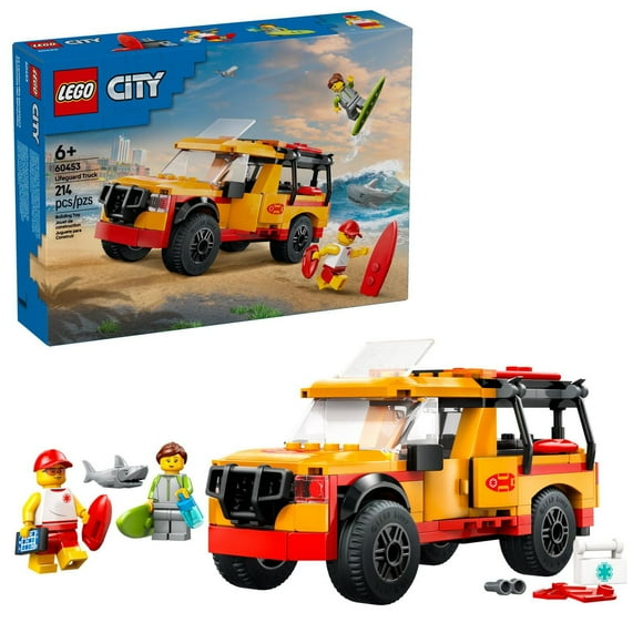 LEGO City Lifeguard Beach Rescue Truck Toy - Building Toy for Kids, Boys and Girls, Ages 6+ - Includes 2 Minifigures, Shark Toy - Gift for Beach-Loving Kids - 60453, Includes 214 Pieces, Ages 6+
