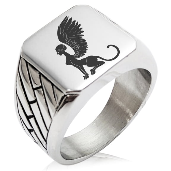 Stainless Steel Greek Mythology Shpinx Geometric Pattern Biker Style Polished Ring