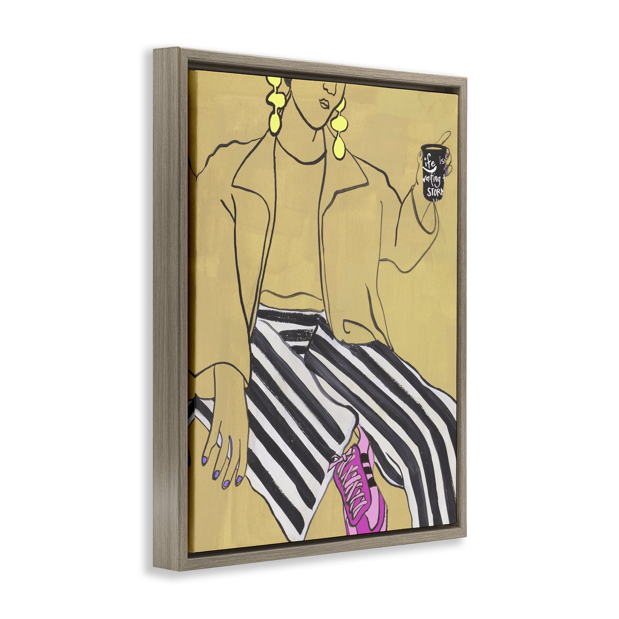 Stupell Industries Fashion Girl in Stripes Brown Framed Floater Canvas Wall Art, design by Melissa Wang