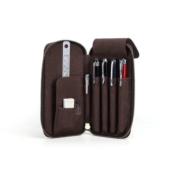 Hiram Genuine Leather Pencil Case with 4 Slots, Handmade Multifunctional Zipper Fountain Pen Bag, Student Stationery Pen Box (Coffee)