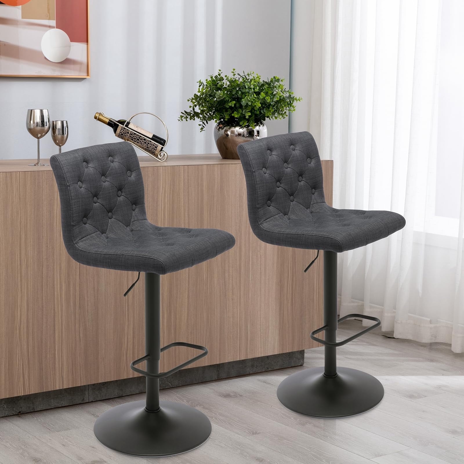 Modern Upholstered Bar Stool with Back Set of 2, Armless 360° Swivel Adjustable Height Linen Padded Bar Chair for Kitchen Island, Dining Room, or Café (Dark Gray)
