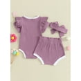 thumbnail image 4 of Suealasg Baby Girls 3Pcs Summer Outfits Set 3M 6M 12M 18M  Infant Newborn Girls Shorts Set Contrast Colors Ribbed Short Sleeve Romper and Shorts Cute Headband, 4 of 8