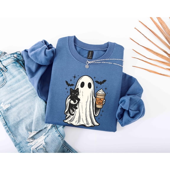 Halloween Ghost with Black Cat Sweatshirt, Spooky Season Tee, Halloween Sweatshirt, Halloween Women Gifts, Funny Halloween Shirt