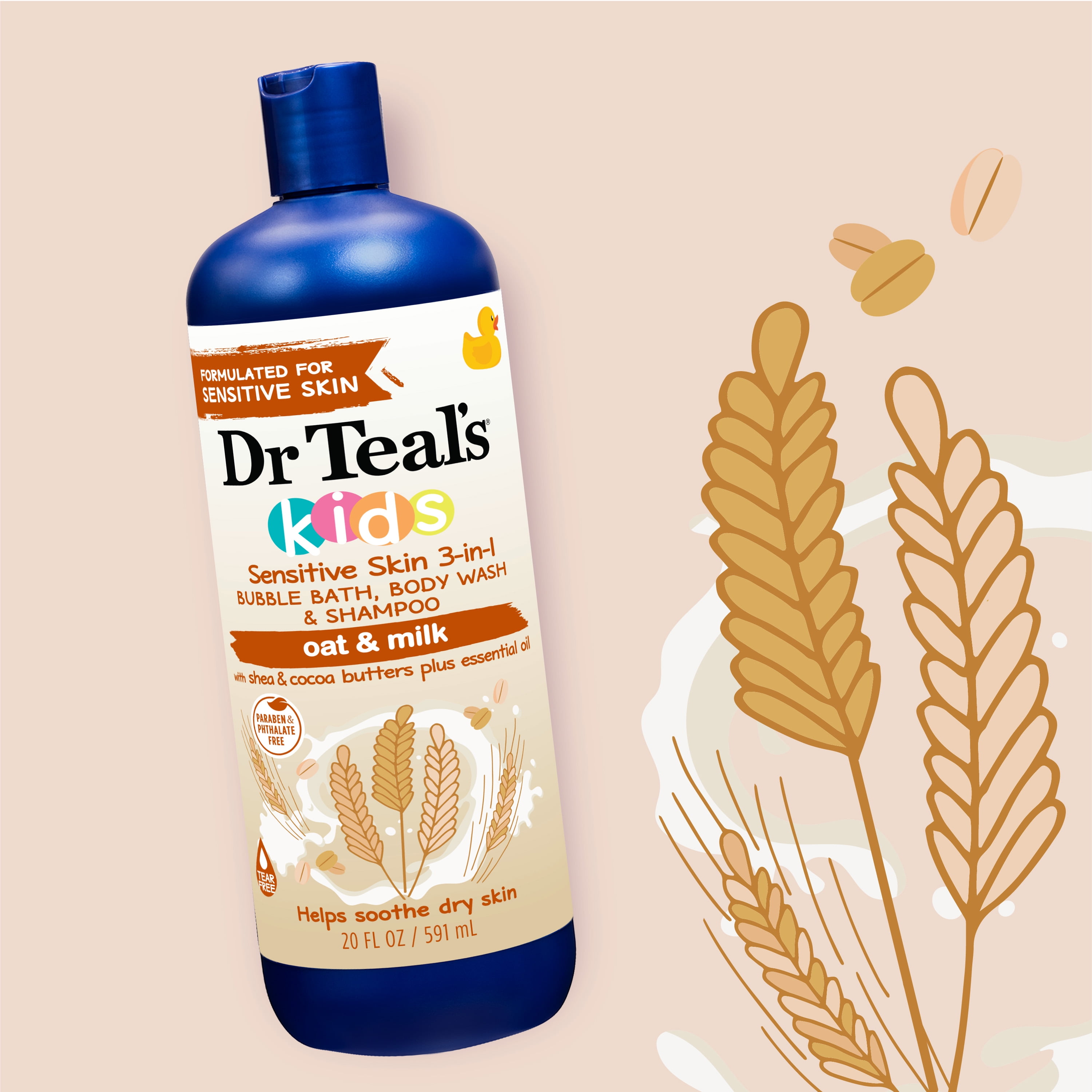 Dr Teal's Kids Sensitive Skin 3-in-1 Bubble Bath, Body Wash & Shampoo with Oat & Milk, 20 fl oz
