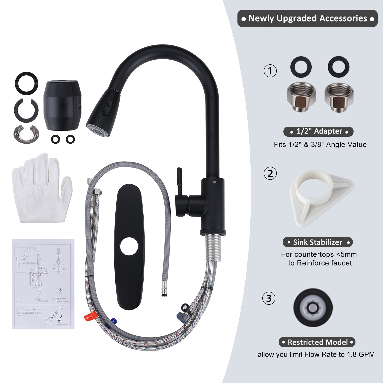 WOWOW Pull Down Kitchen Sink Faucet with Sprayer Stainless Steel Black 1 Handle Kitchen Faucets
