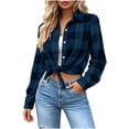 thumbnail image 5 of Nmnitkp Jackets for Women Plaid Flannel Shirt Button Down Lapel Collar Long Sleeve Loose Casual Layering Outerwear Lightweight Checked Jacket For Fall Daily Wear Dark Blue,M, 5 of 9