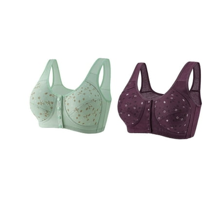 Huuilaibazoo 2 Pack Daisy Bras for Older Women Front Closure Push Up Wireless Bralette Full Coverage Lightly Bra