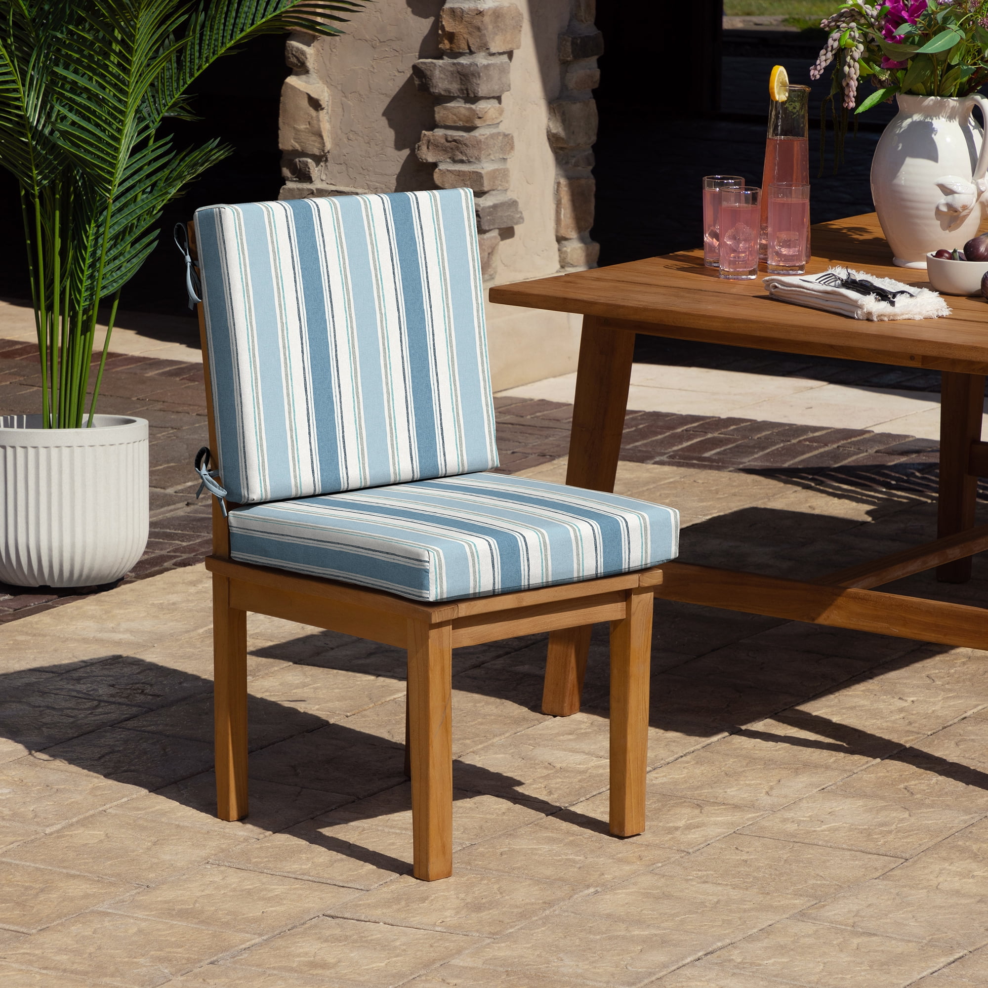 ARDEN Foam Outdoor Dining Chair Cushion, 20 x 20, made with ProFoam, Rain-proof, Fade Resistant, French Blue Linen Stripe
