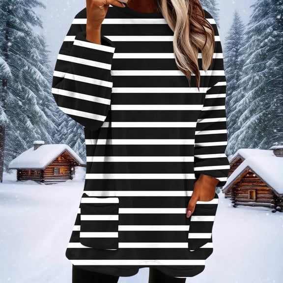 YueHuiYing Womens Regular-Fit Winter Warm Round Neck Side Striped Printing Long Sleeved Thick Top Black L