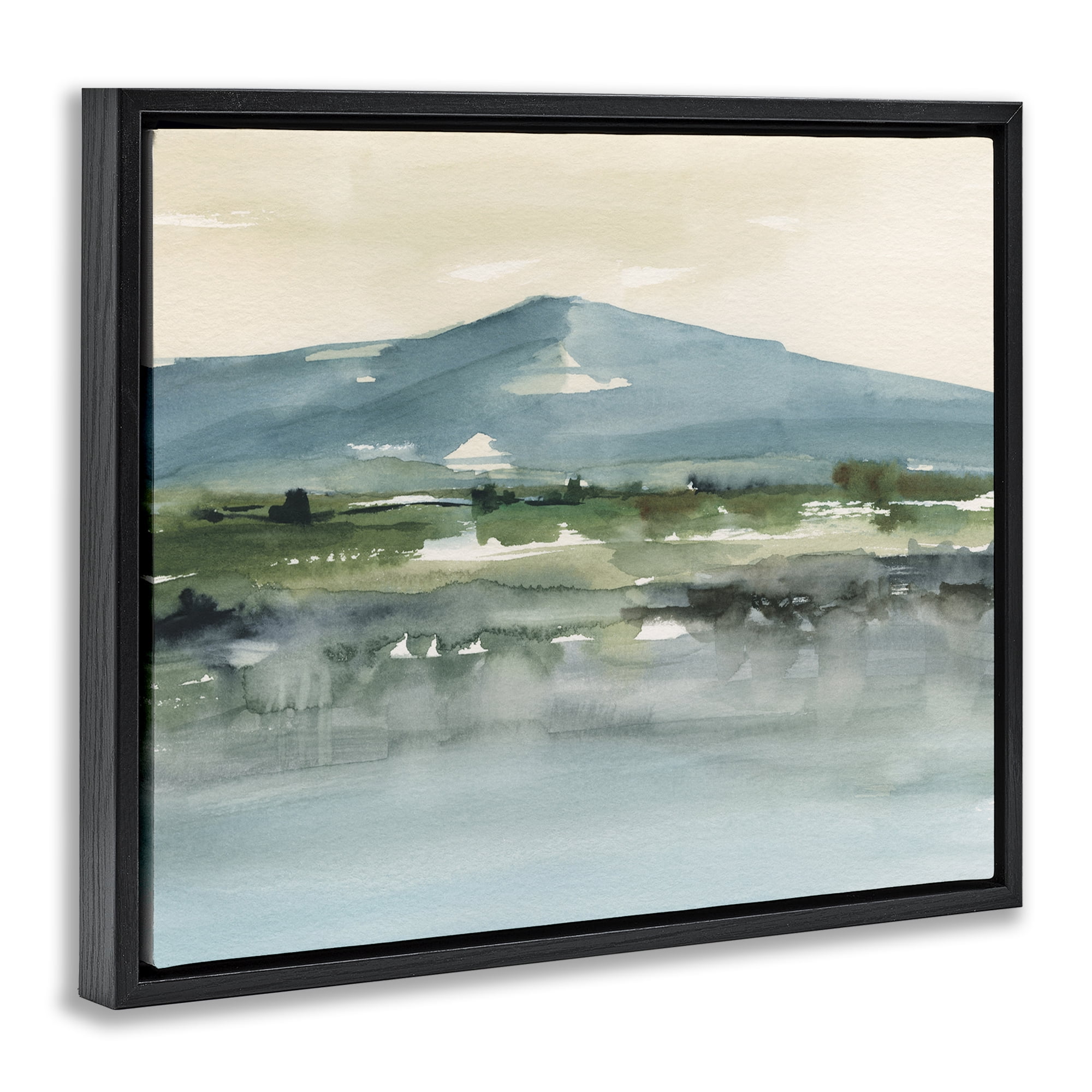 Stupell Industries Blue Mountain Watercolor Landscape & Nature Painting Black Floater Framed Canvas Art Print Wall Art, 31 x 25