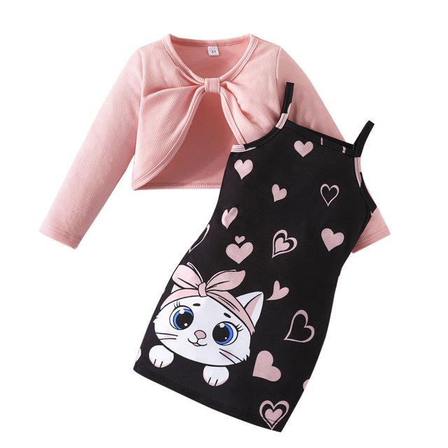 Sunnyoo Tenues pour Filles Haut à Manches Longues avec Robe à Bretelles Imprimé Chat Dessin Animé