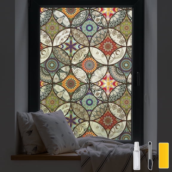 DKTIE 17.7"x78.7" Bohemian Style Decorative Sunshade Privacy Window Film, UV & Heat Protection, Static Cling & Removable | for Home, Balcony