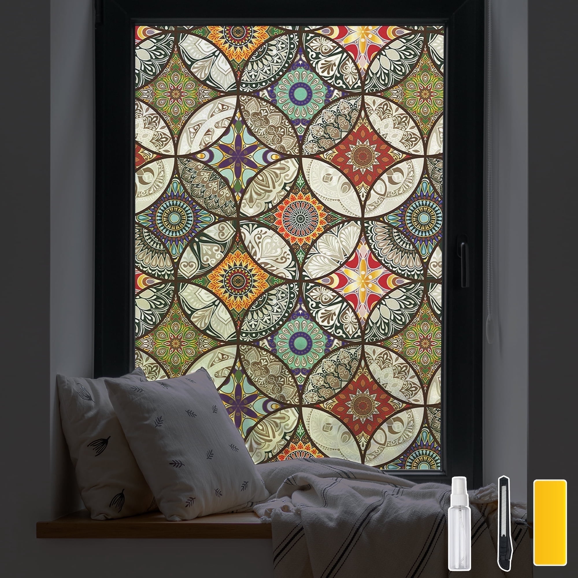 DKTIE 17.7"x78.7" Bohemian Style Decorative Sunshade Privacy Window Film, UV & Heat Protection, Static Cling & Removable | for Home, Balcony