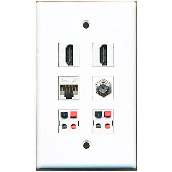 RiteAV - 2 HDMI 1 Port Coax Cable TV- F-Type 1 Port Cat5e Ethernet 2 Port Speaker Wall Plate - White