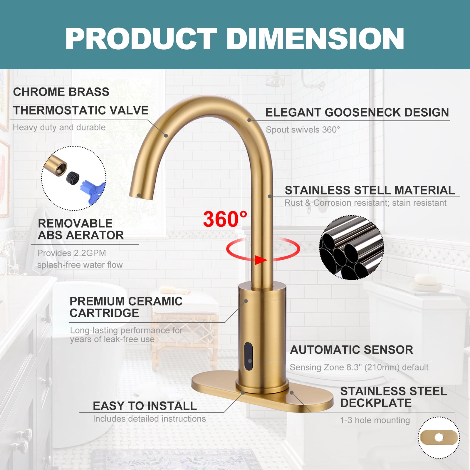 WOWOW Touchless Bathroom Faucet - Tall Automatic Bathroom Sink Faucet with Single Hole, Control Box and Temperature Mixer for Vanity with Deck Plate, Gold