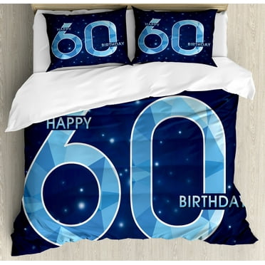 60th Birthday Duvet Cover Set, Space Theme Stage with Star Like Abstract Details Print, Decorative 3 Piece Bedding Set with 2 Pillow Shams, King Size, Navy Blue and Sky Blue, by Ambesonne