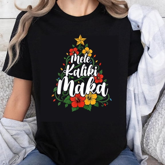 100% Cotton Mele Kalikimaka Christmas Tree Floral Design Holiday Shirt Women's Festive T-Shirt For Christmas Celebration