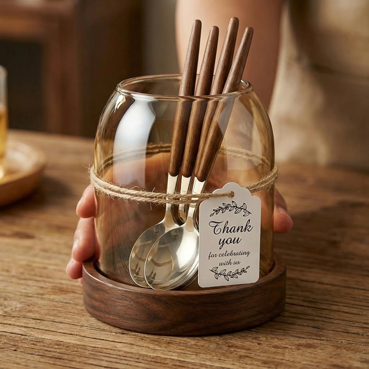 ABPETE Glass Utensil Holder With Wooden Base,Fork And Spoon Set With Wood Handles,Cutlery Caddy For Kitchen Afternoon Tea Ice Cream Cake Stainless Steel (Amber glass-spoon)