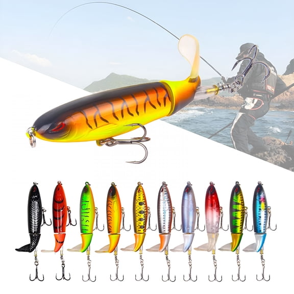 BESTSKY 10 Pcs Bass Fishing Lures Kit, Topwater Plopper Pencil Baits with Rotating Tail and Treble Hooks, Floating Lure Set for Freshwater and Saltwater