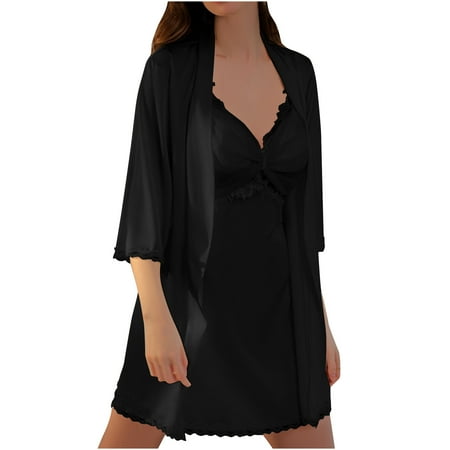 Tao Tao Women Fashion Underclothes Set - 3 Piece Babydoll & Lace Kimono Robe Strap Chemise Nightgown Mesh Sleepwear Black Free Size
