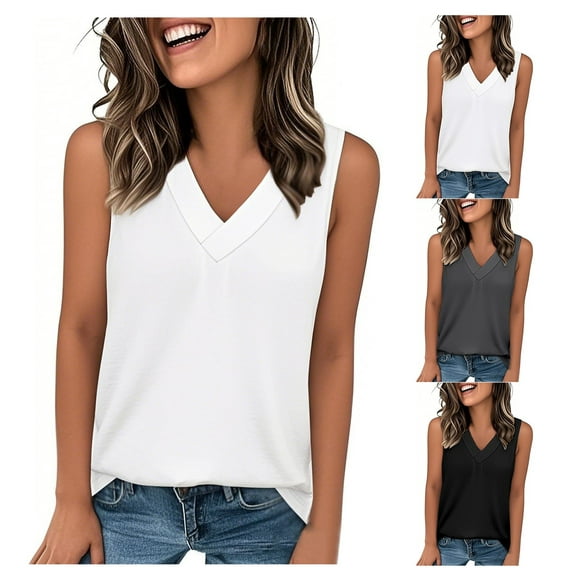 Women's Tshirts Dressy Casual Solid Color Vest V Neck Sleeveless Tank Top Shirts Casual Shirts Women White L
