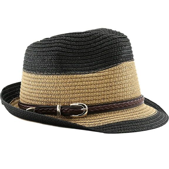 lanema PU Belt Porkpie Hat for Women Men Breathable Panama Hat Western Woven Pork Pie Hat Beach Hat Handmade Straw Hat