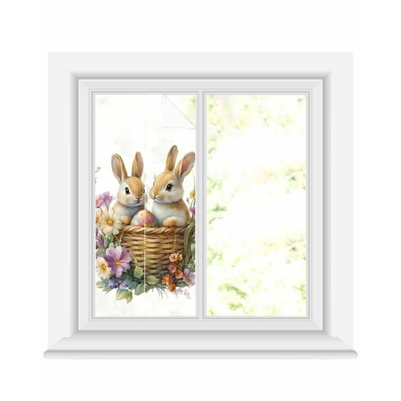Window Privacy Film Spring Easter Stained Glass Window Film Decorative Sun Block Window Cover Bunny Floral Blooming Botanical Window Clings Static Adhesive Sticker for Bathroom 19.6"x39.3"