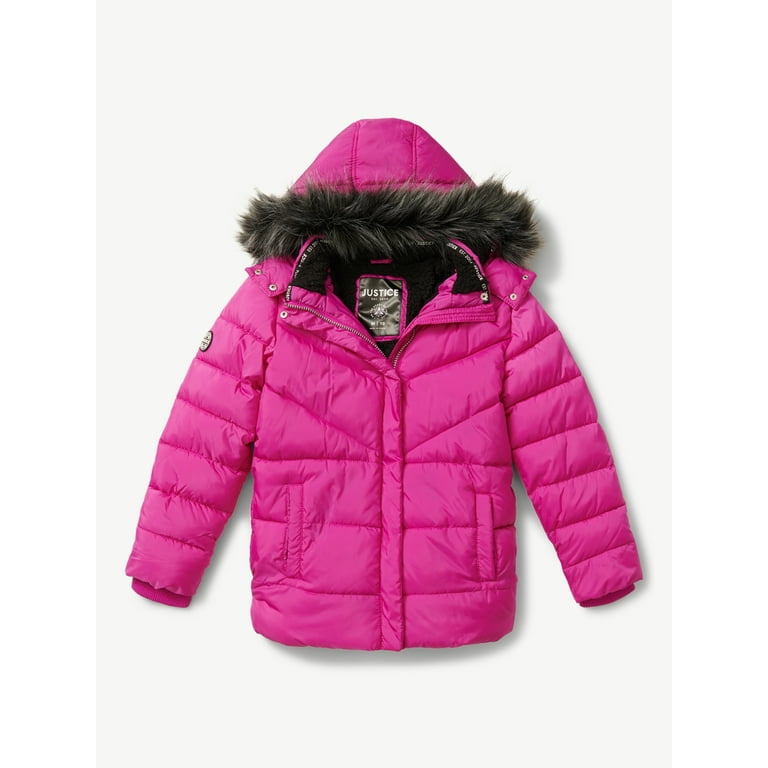 Justice Girls Puffer Jacket with Faux Fur Lined Hood, Sizes 5-18