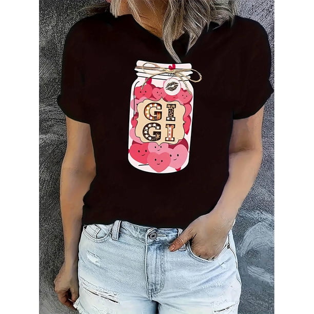 Camiseta estampada de corazón rosa para mujer: diseño GIGI, informal, de cuello redondo y manga corta, cómoda camiseta de verano con estampado de tarros de cristal y corazones, perfecta para un look i