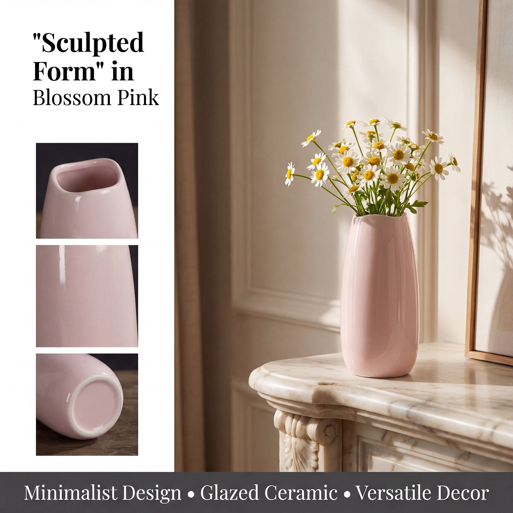 Unique Bargains Small Ceramic Bud Modern Cylinder Vase Ribbed Decorative Flower Vase Pink