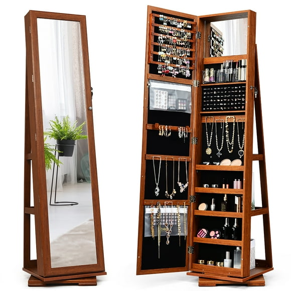 Giantex 360° Rotating Jewelry Armoire with Higher Full Length Mirror and Rear Storage Shelves, Walnut