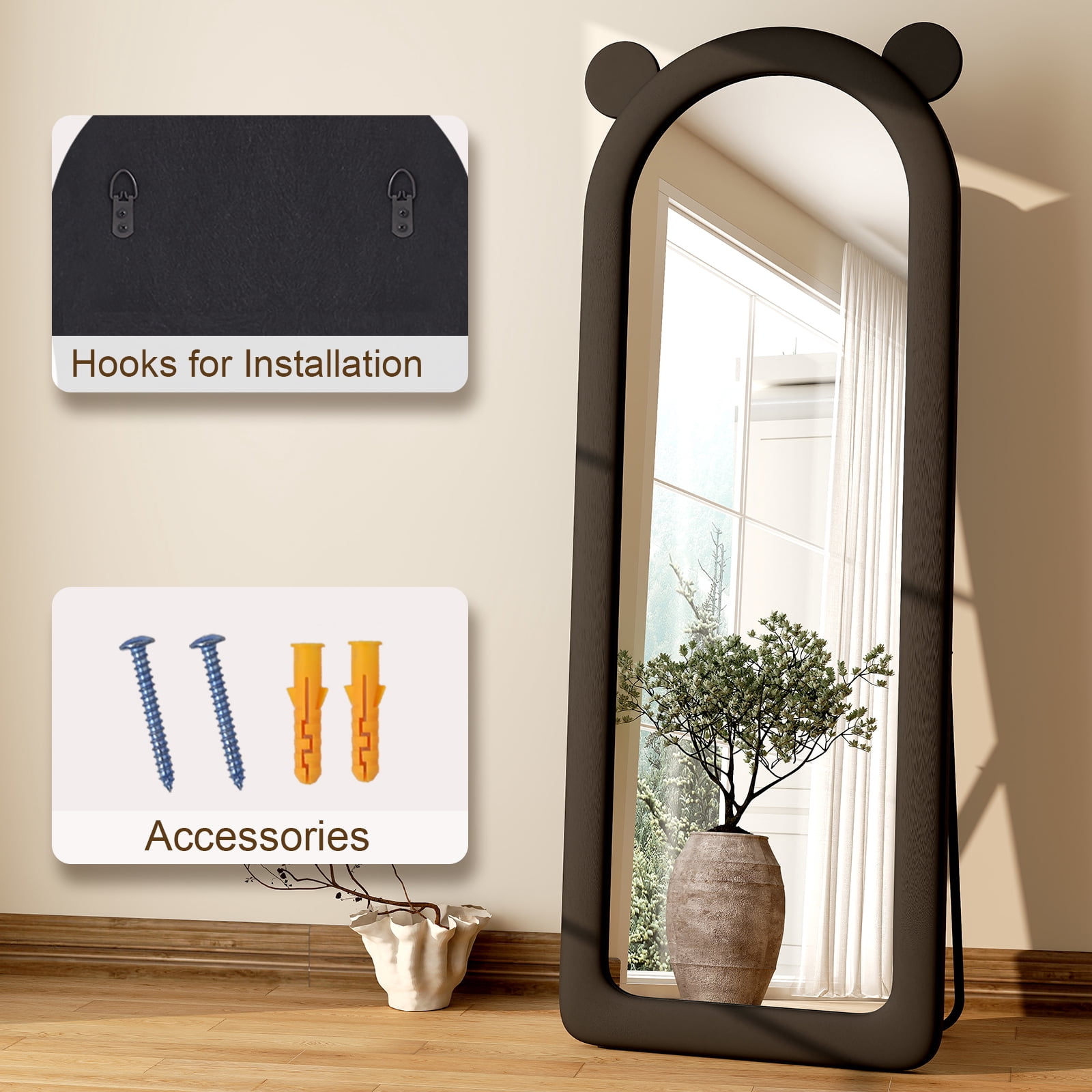 Puremirror 63"x24" Arched Full Length Mirror Standing Floor Mirror with Flannel Frame, Black