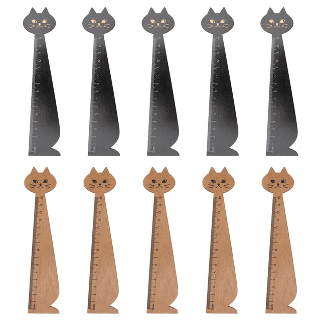 MasteelfCA 10pcs Cat Design Ruler Retro Wood Drawing Ruler DIY Handwriting Learning Tool Cartoon Ruler School Stationery for Home School Kids (Yellow, Black)