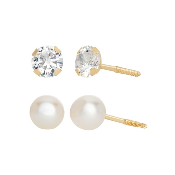 Brilliance Fine Girl’s/Tween 14K Yellow Gold CZ and Pearl Stud Earring Set