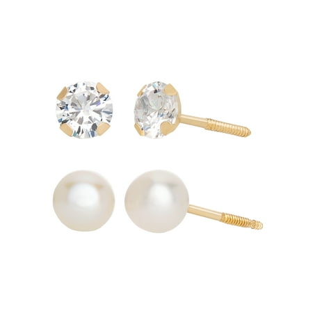 Brilliance Fine Girl’s/Tween 14K Yellow Gold CZ and Pearl Stud Earring Set
