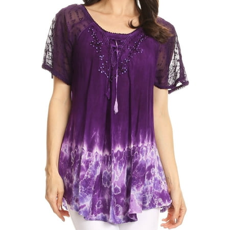 - Sakkas Clarice Petite Raglan Lace Up Tie Dye Blouse with Embroidery and Sequins - Purple - One Size Regular