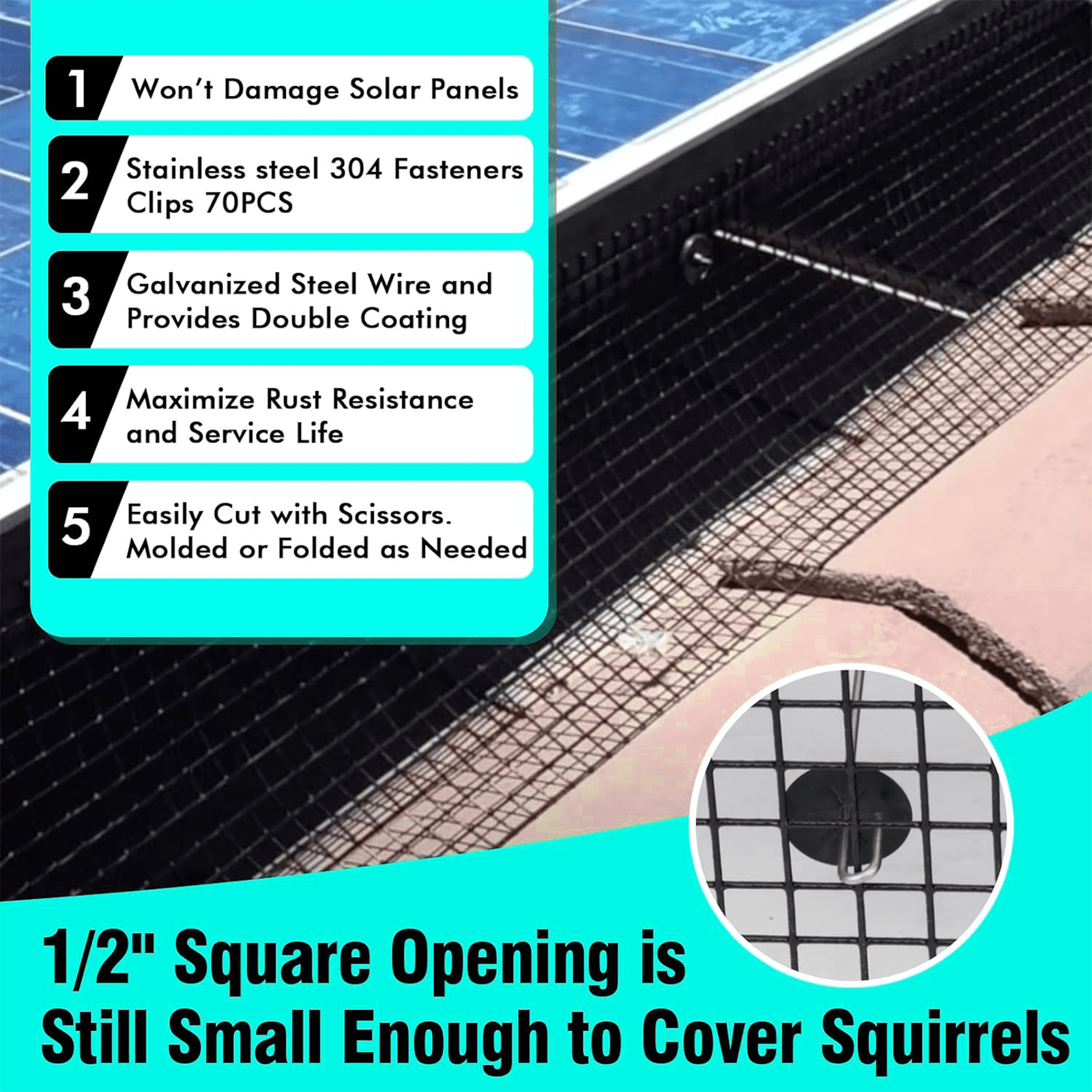 6 Inch x 100ft Solar Panel Bird Guard, 1/2 Inch Mesh Critter Guard Roll Kit with 70pcs Aluminum Alloy Fasteners, Rust-Proof PVC Coated Solar Panel Guard for Bird & Animal Control