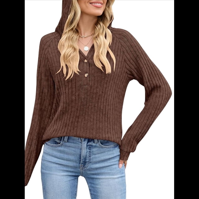 Camisetas de Larga para Mujer, Sudaderas con Capucha de Moda con Bolsillo de Canguro, Sudaderas de Otoño Marrón L